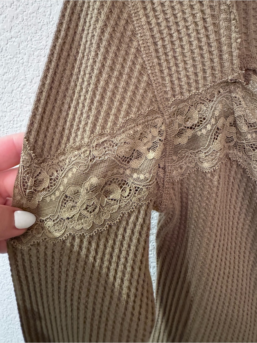 Free People Thermal Lace Button Top | Boho Waffle Knit Long Sleeve Cozy Chic Top - Picture 6 of 8